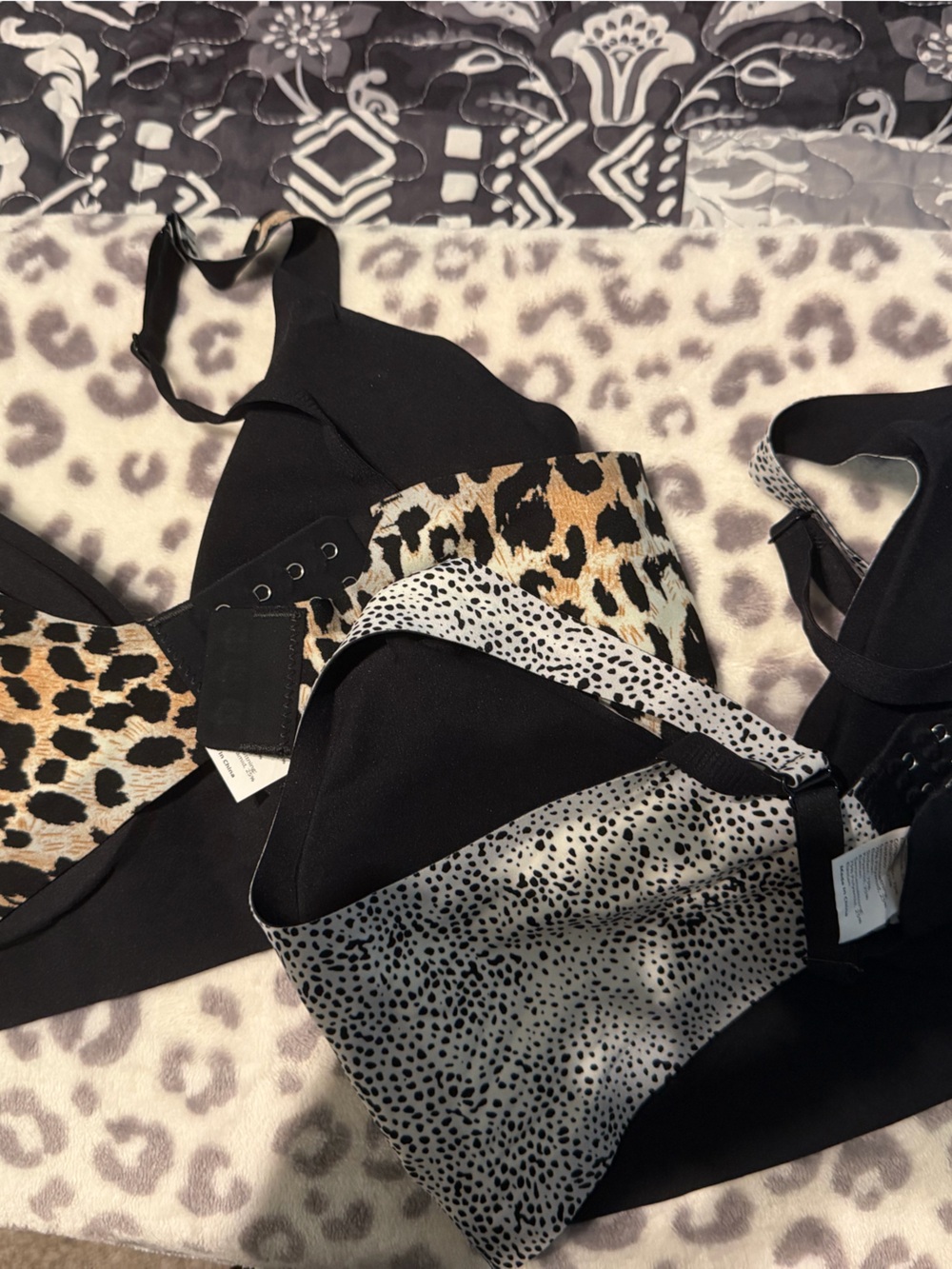 Leopard & Dalmatian Print Bra Set - Black with Tan and White Prints
